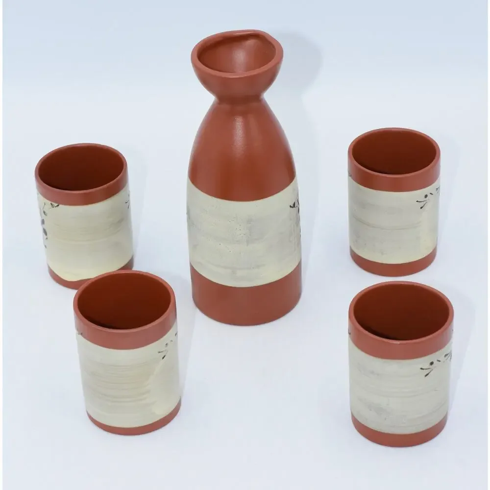 Vintage Japanese Cherry Blossom Hand Decorated Red Stoneware Sake Set - 5pc NEW